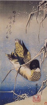 歌川広重 Painting - 雪の中の鴨と葦 歌川広重 浮世絵